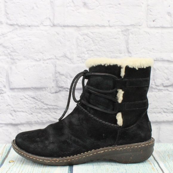 UGG Shoes - UGG Caspia Lace Black Leather Knit Sheepskin Lined Winter Boots Size 8